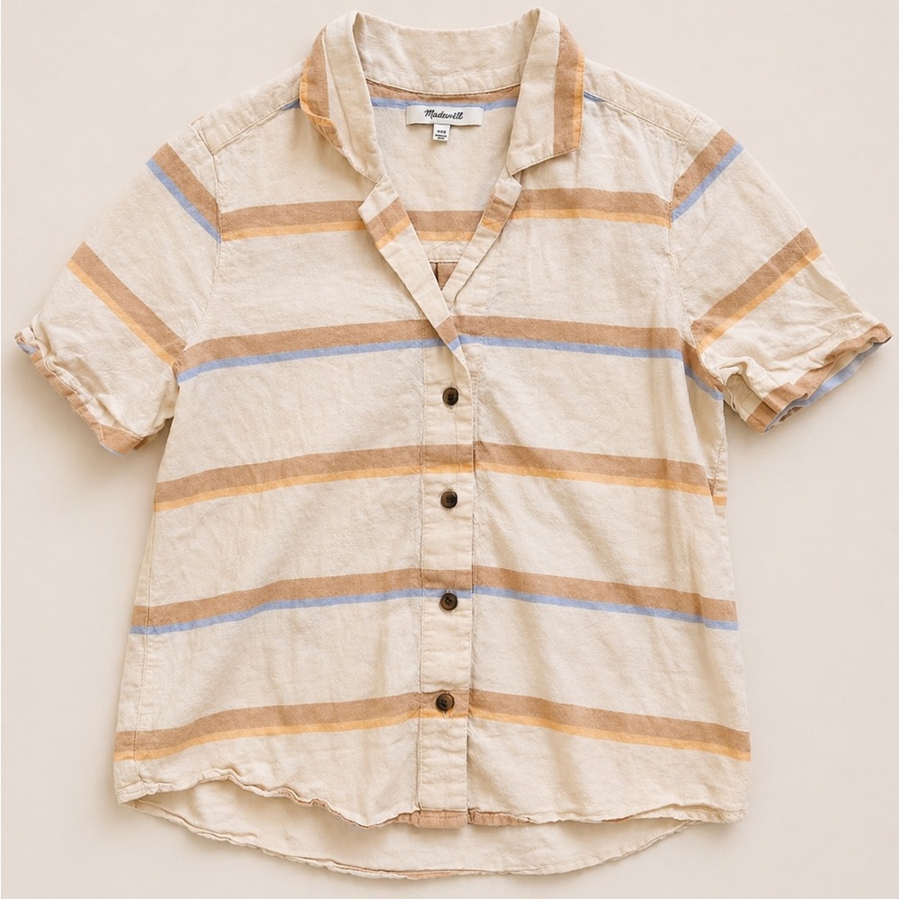 Madewell Striped Button Front Shirt | Short Sleeve | Neutral Stripe Top - Picture 2 of 4
